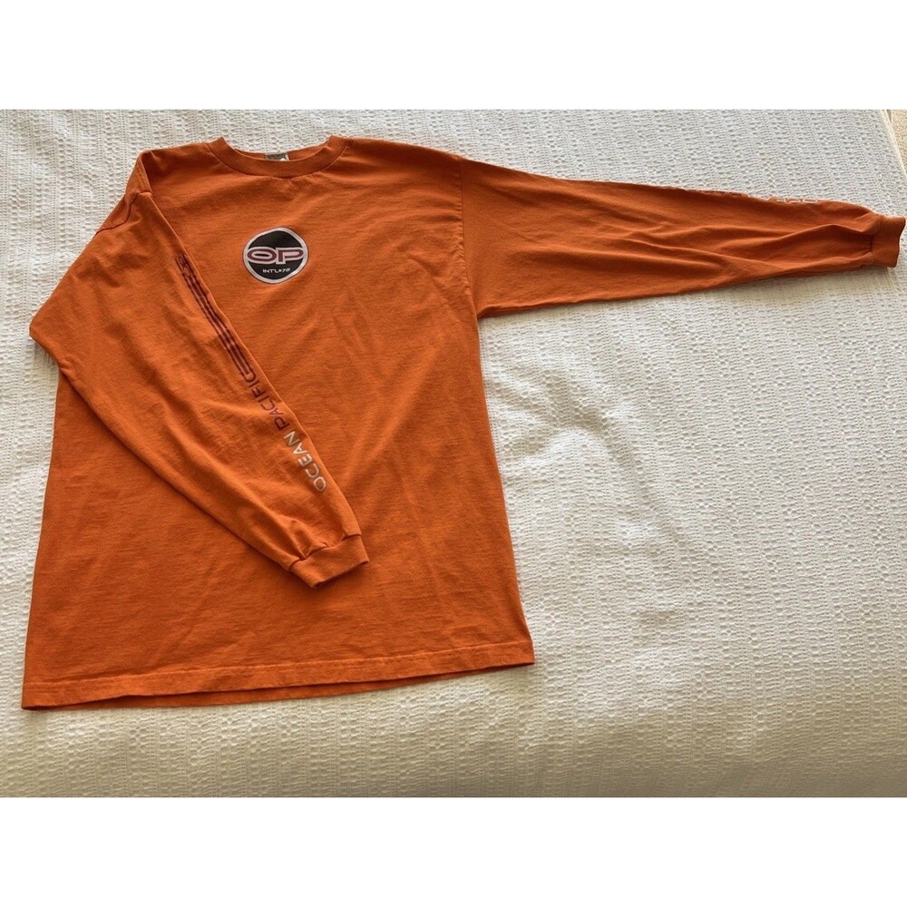 Vintage 90s Y2K Ocean Pacific Surf Long Sleeve Graphic Tee Orange Large Logo